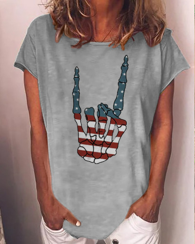 Women's Flag Skull Hand  Crew Neck T-shirt