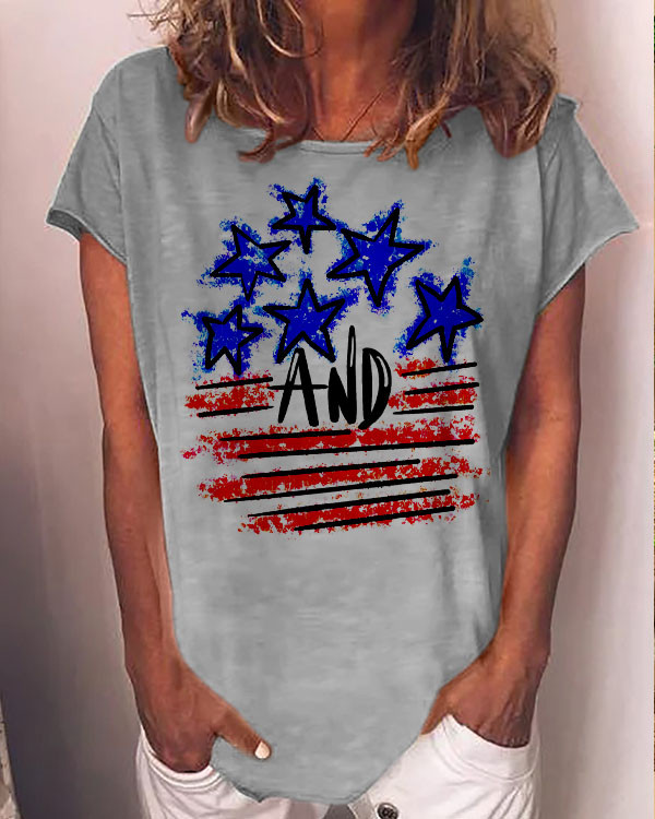 Women's Stars and Stripes Splatter Paint   Crew Neck T-shirt