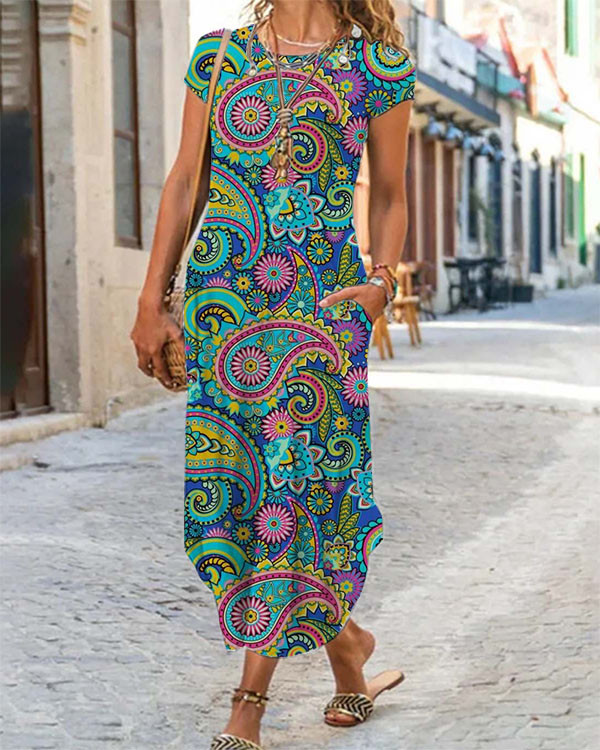 Casual Vintage Paisley Print Holiday  Maxi  Dress