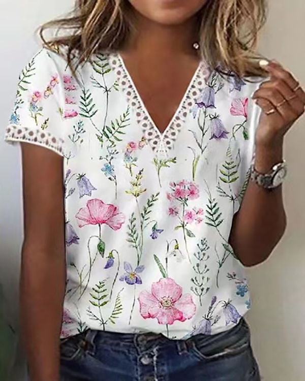 Casual Floral Lace V-Neck Short Sleeve Top