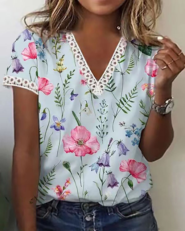 Casual Floral Lace V-Neck Short Sleeve Top