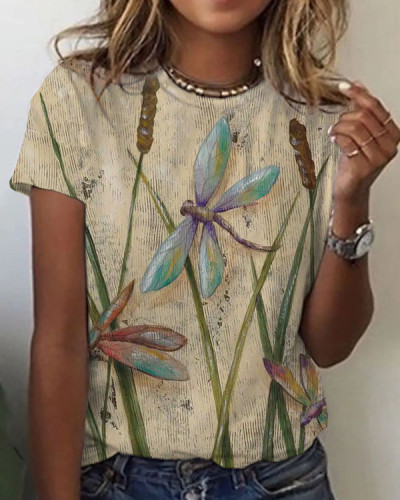 Women's Dragonfly Pattern Crew Neck T-shirt