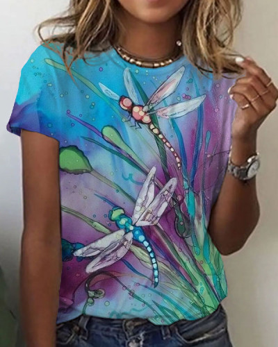 Women's Dragonfly Flower Pattern Crew Neck T-shirt