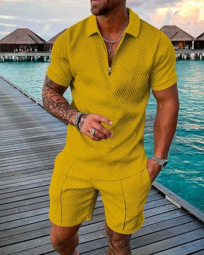 Men's Fashion Yellow Holiday Floral Print Polo Suit