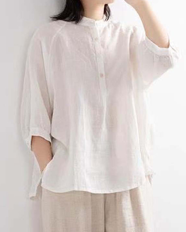 Solid Color Casual Mid Sleeve Cotton Linen Top