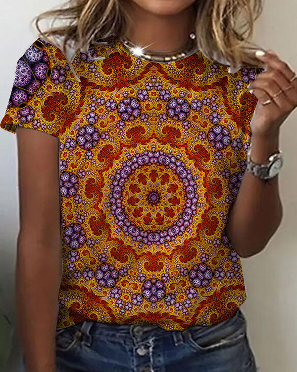 Women's Mandala Floral Pattern Crew Neck Top