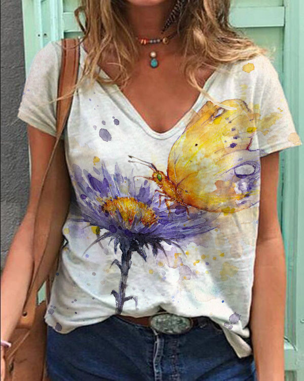 Butterfly Dandelion V-Neck Top