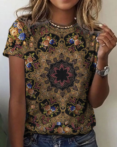 Women's Mandala Floral Pattern Crew Neck T-shirt