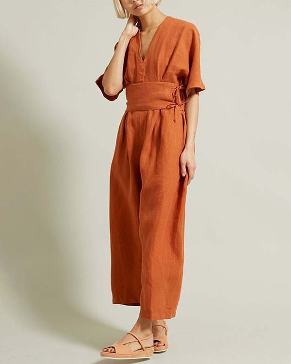 Casual Vintage Drawstring Linen Jumpsuit