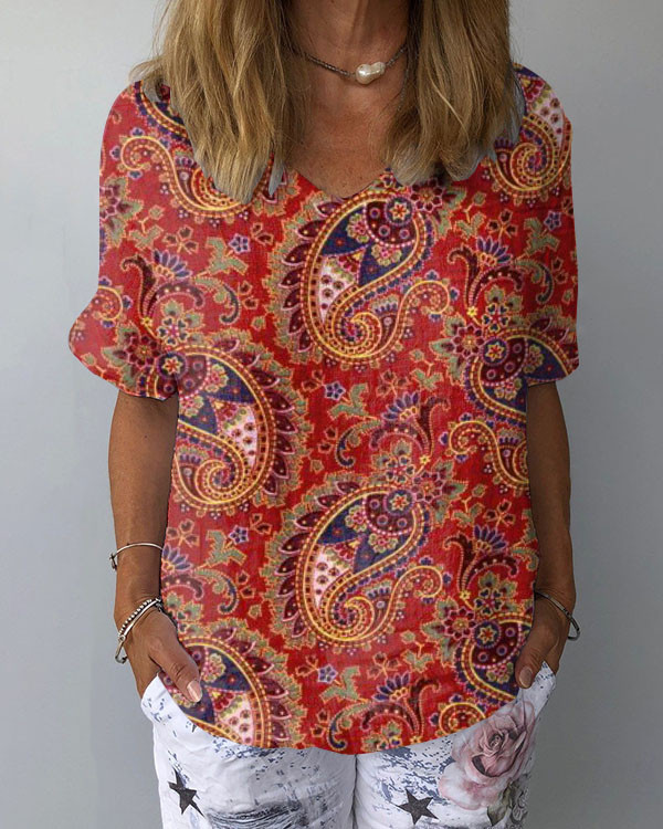 Paisley Linen V-Neck Loose Top