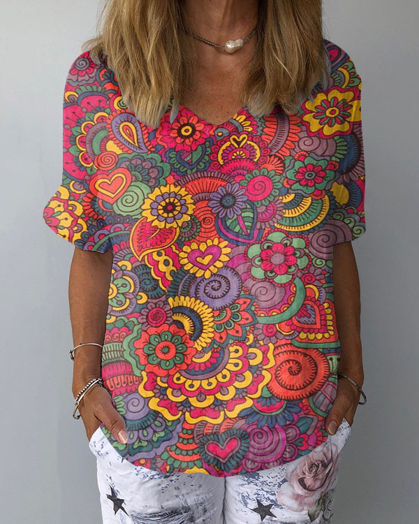 Paisley Linen V-Neck Loose Top