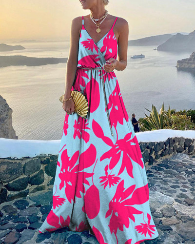 Elegant Print Sling Sleeveless Floor-Length Dress