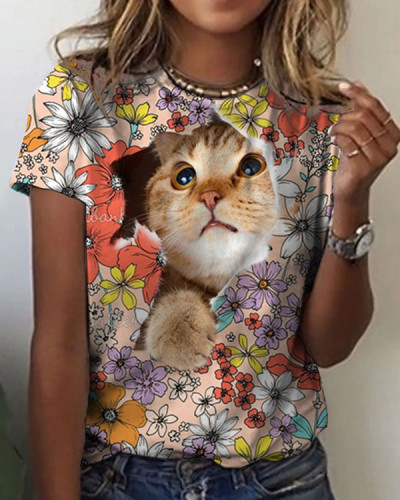 Women's Cat And Flower Print Crew Neck T-shirt