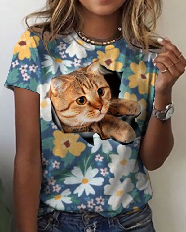 Women's Cat And Flower Print Crew Neck T-shirt