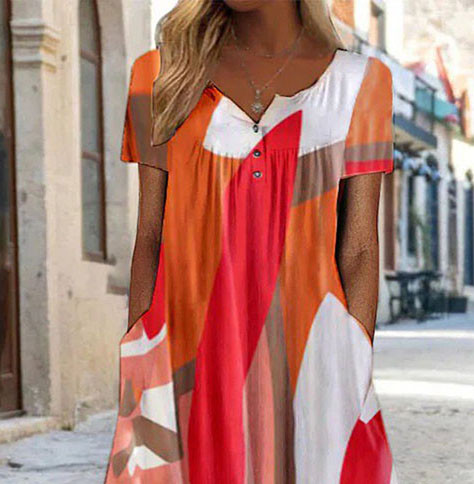 Casual Color Block Short Sleeve A-Line Dress
