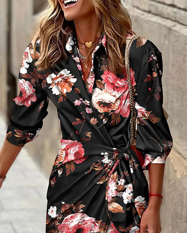 Casual Color-block Floral-detail Shirt Dress