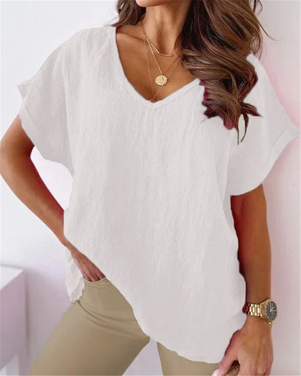 Solid Linen Short Sleeve V-Neck Top