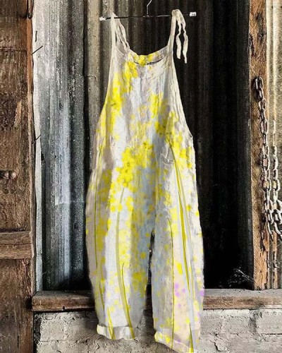 Women's Yellow Printed Loose Casual Jumpsuit