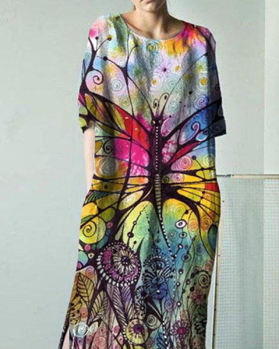 Casual Crew Neck Butterfly Print  Dress