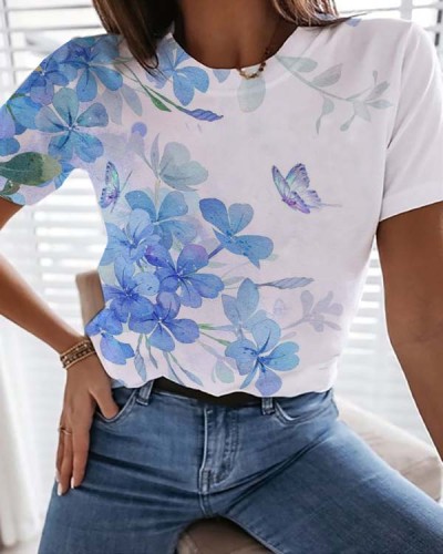 Casual Butterfly Floral Crewneck Top