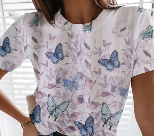 Casual Butterfly Floral Crewneck Top