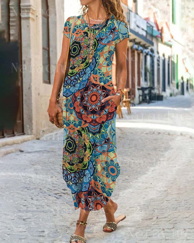 Casual Vintage Mandala Print Holiday Midi Dress