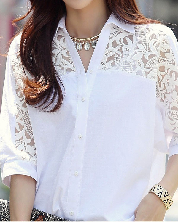 Casual Loose Mid Sleeve Lace Shirt Top