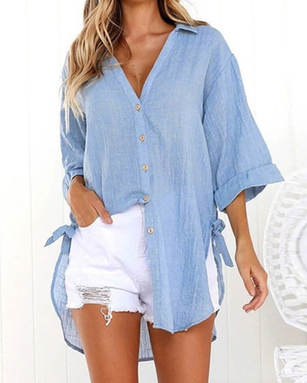 Casual Lace-up V-neck Loose Shirt Top