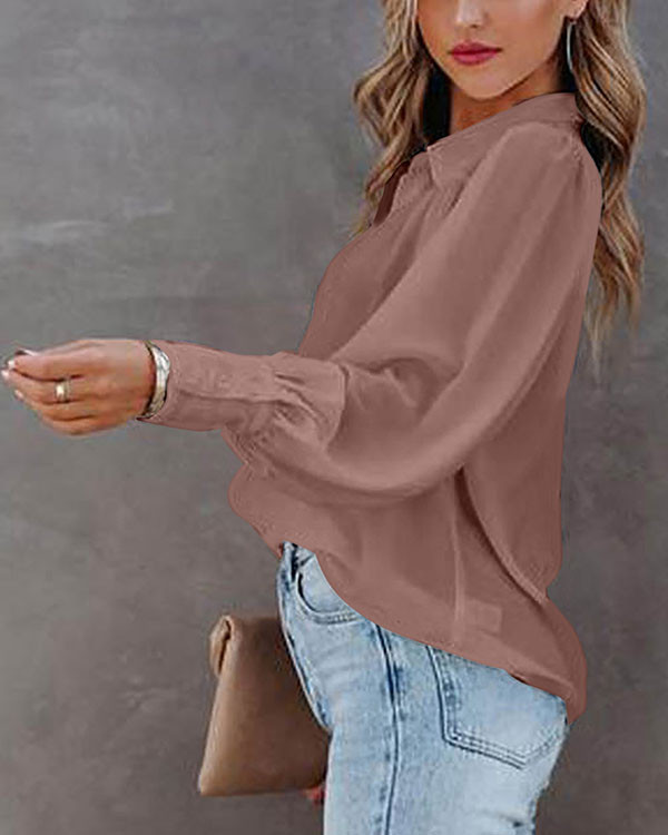 Plain Buttoned Shirt Collar Casual Loose Top