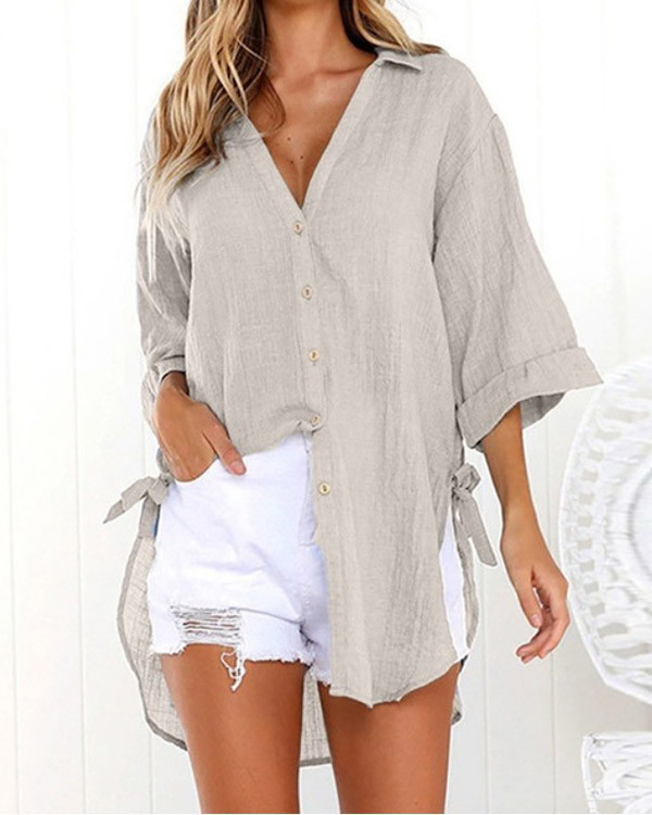 Casual Lace-up V-neck Loose Shirt Top