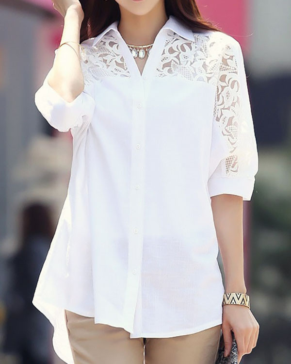 Casual Loose Mid Sleeve Lace Shirt Top