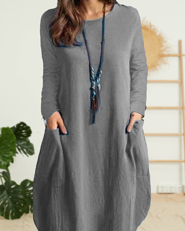 Linen Casual Solid Color Pocket Long Sleeve Dress
