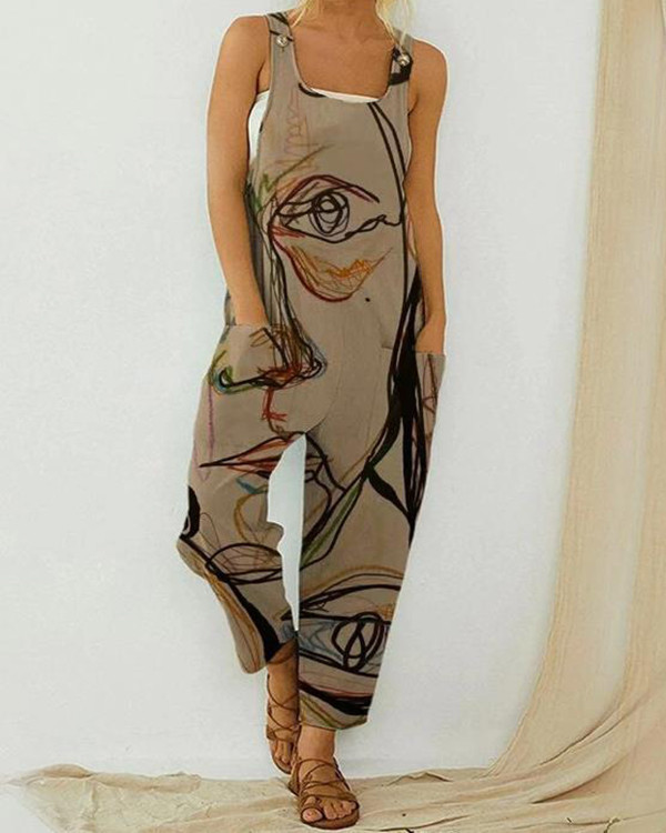 Casual Abstract Print Loose Jumpsuit