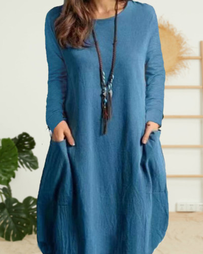 Linen Casual Solid Color Pocket Long Sleeve Dress