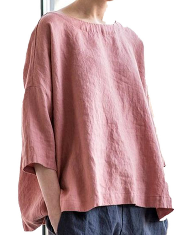 Casual Crew Neck Linen Loose Top