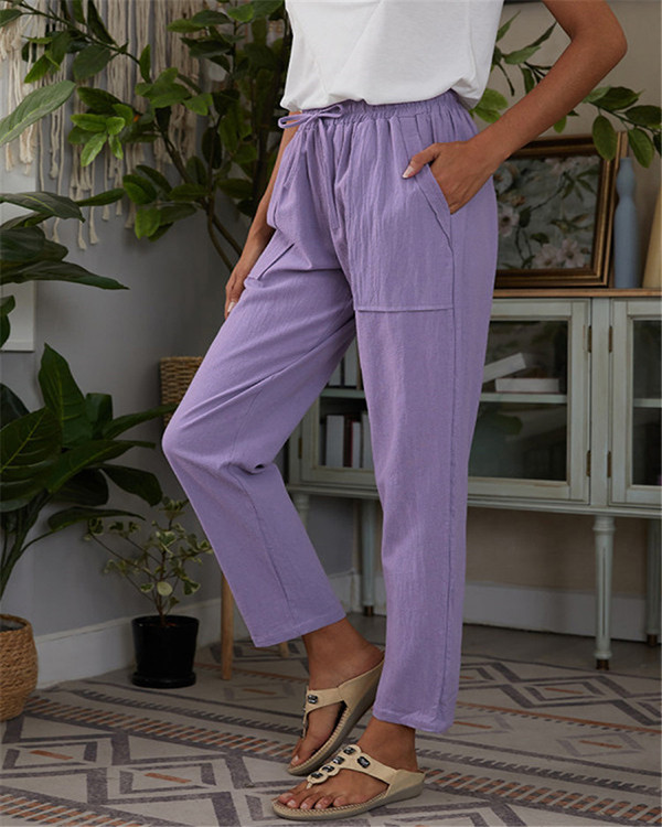 Solid Pocket Stretch Linen Loose Lounge Pants