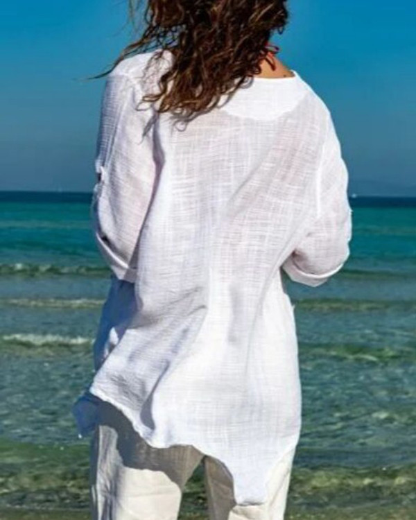Elegant Solid Color Long Sleeve Cotton Linen Top