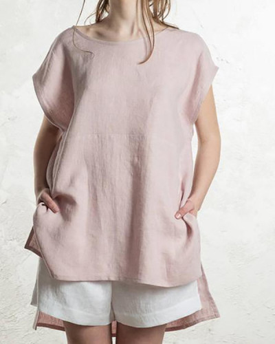 Loose Linen Solid Short Sleeve Top