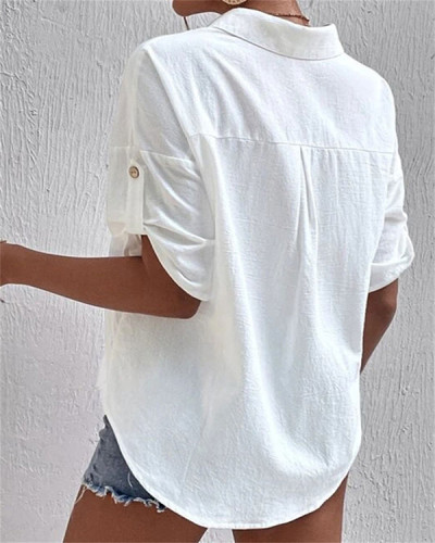 Mid Sleeve Solid Pocket Lapel Linen Shirt Top