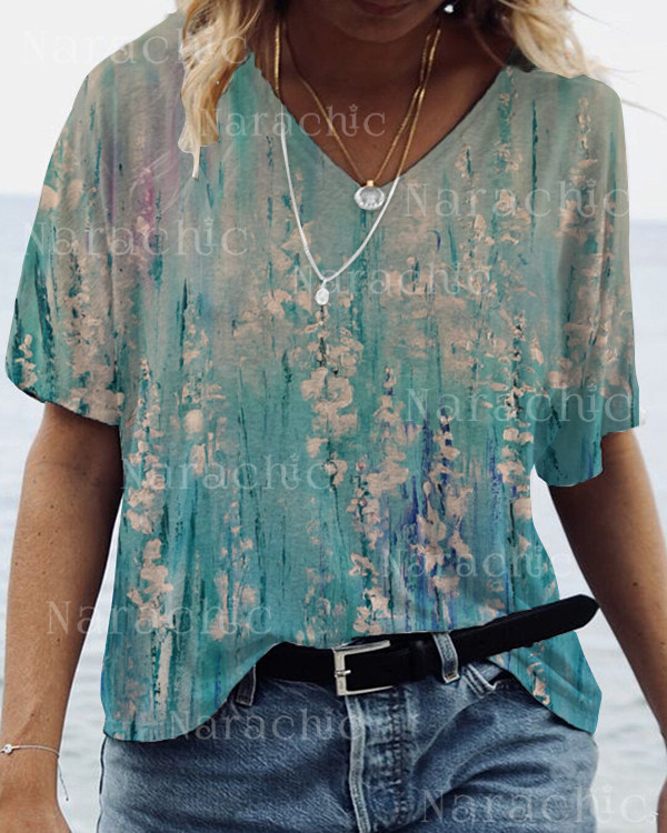 Casual V-Neck Floral Short Sleeve Top