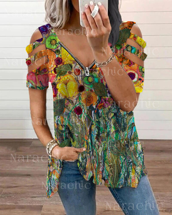 Casual V Neck Floral Print Short Sleeve Tops