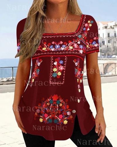 Ethnic Button Slit Short Sleeve T-Shirt Top