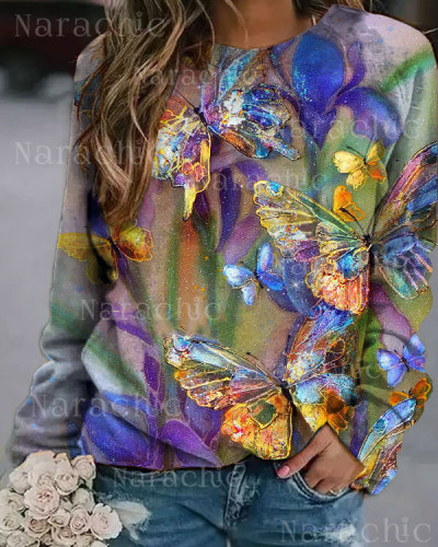 Women's Floral Butterfly Print Loose Sweatshirt