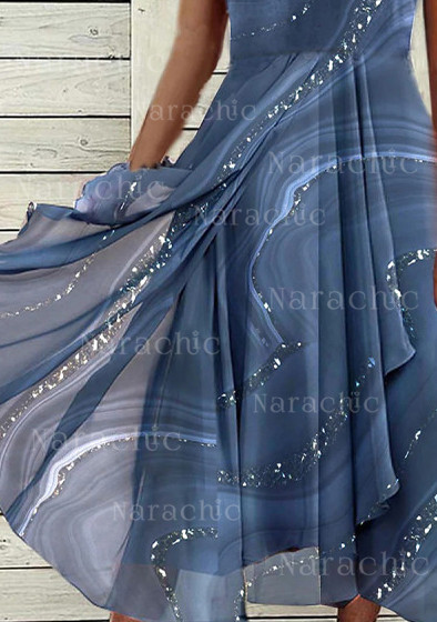 Casual Bronzing Printed Chiffon Panelled V-Neck Short-Sleeved Midi Dress