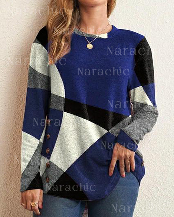 Geometric Contrast Long Sleeve Printed Loose Top