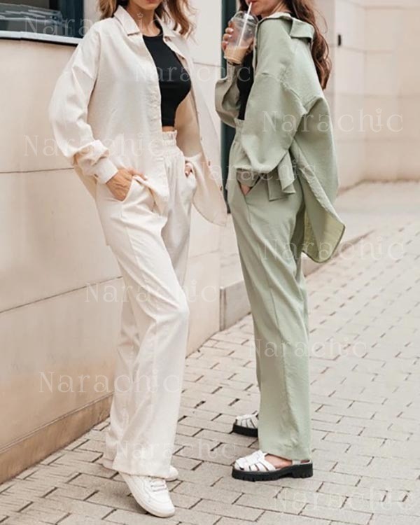 Linen Set Casual Shirt Elastic Pants Suits