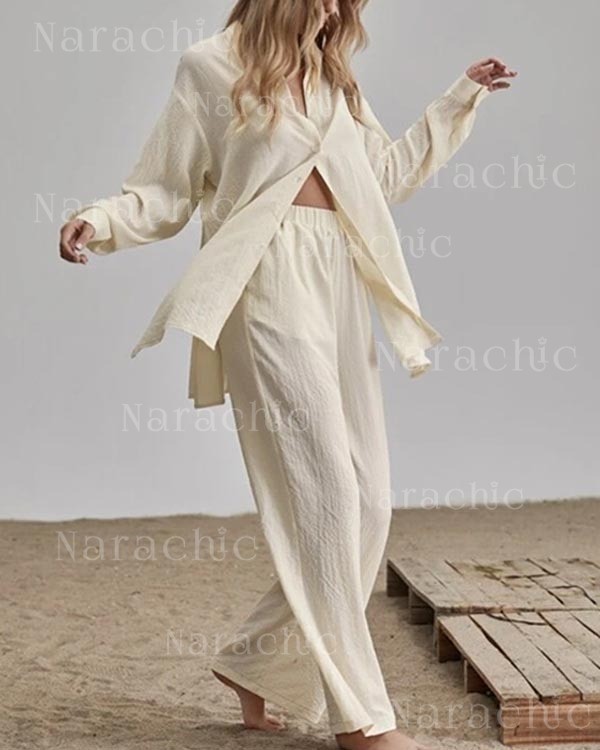 Linen Solid Slit Cardigan and Wide-Leg Pant Suits