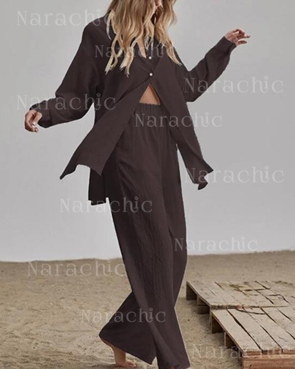 Linen Solid Slit Cardigan and Wide-Leg Pant Suits