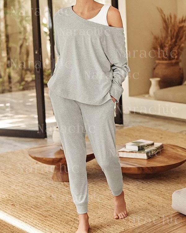 Solid Color Casual Off-the-shoulder Two-piece Suit