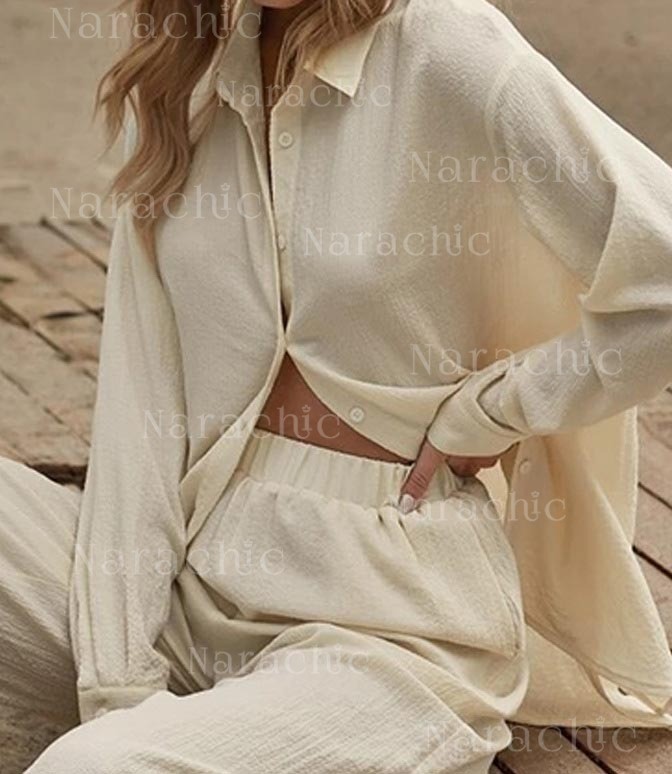 Linen Solid Slit Cardigan and Wide-Leg Pant Suits